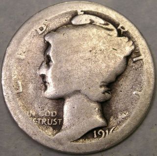 1916 D Mercury Silver Dime Very Rare Tuff 2 Find Key Date Well Worn Poor 01 Or 2