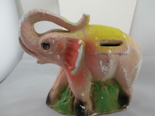 Antique Vintage Carnival Chalkware Elephant Bank Trunk Up