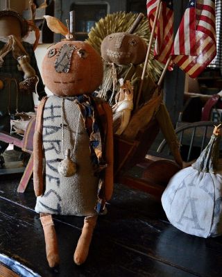 Large Handmade Primitive Folk Art Fall / Harvest Pumpkin Head Doll 30”