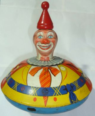 Rare Vintage Tin Toy Spinning Top Clown Litho Embossed Us Zone Germany 1940´s