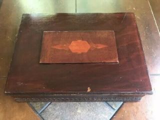 Antique Wood Box Chest With Inlay,  Vintage Jewelry Sewing Box Document Desk Box