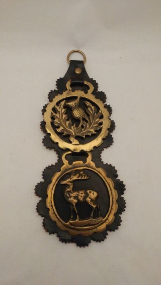 Vintage Horse Bridal / Brass / Brasses Decor On Leather Strap - 2 Piece W/ Deer