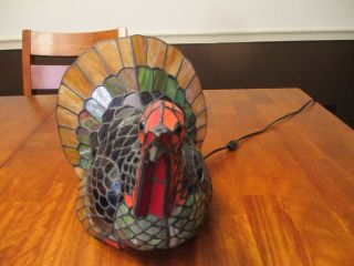 Rare Tiffany Style Stained Glass Turkey Lamp Thanksgiving Fall Deco 2