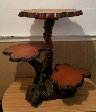 Vintage One Of A Kind Handmade Tree Wood Carved 3 Tier Table Folk Art Rare