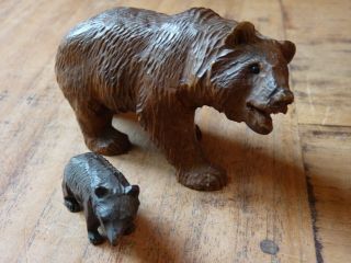 Two Antique Swiss Black Forest Wooden Hand Carved Grizzly Bears Mother&child