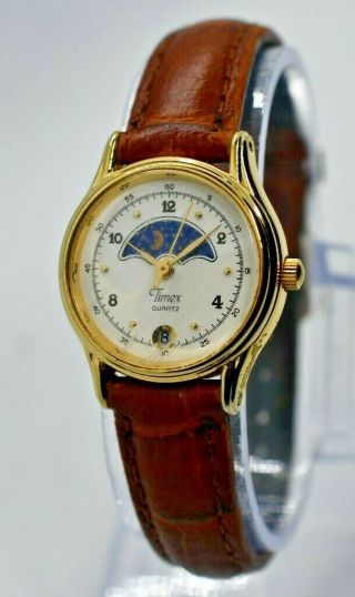 Ladies Vintage Timex Day/night Moonphase Watch,  Gold Tone,  Analog Quartz,  Runs