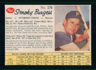 1962 Post Cereal Canadian Baseball 176 Smoky Burgess Sp (rare White Back)