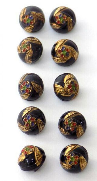 10 Small Antique 1/4 Inch Black Glass Buttons Swirls Of Gold And Dots Of Color