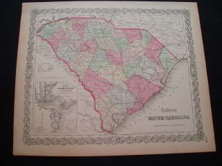 1855 Colton Atlas Map State Of South Carolina - 164 Year Old Antique