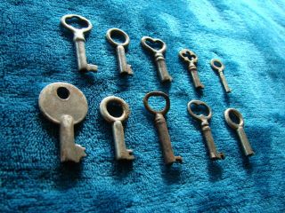 10 Antique Small Hollow Barrel Skeleton Keys for Vtg.  Jewelry Boxes Etc. 2