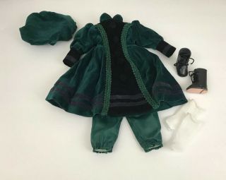 Vintage Doll Dress Clothes Green Black Velvet Boots Tam For 15” Doll