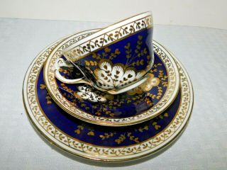VINTAGE W.  H.  & S Clifton China 3 piece Teacup Set - Cobalt Blue and Gold 2