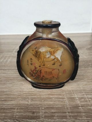 Oriental Chinese Glass Internal Painting Cattle Cow Snuff Scent Perfume Bottle