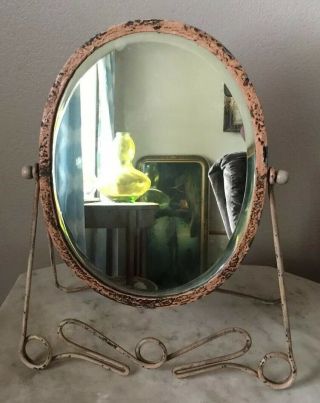 Antique Oval Metal Mirror W/stand Dresser Top Vanity