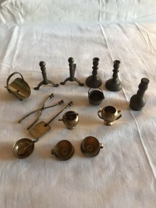 Vintage Metal Dollhouse Accessories Fireplace Tools Brass Candlesticks