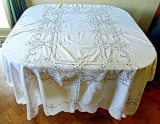 Large Vintage Hand Embroidered & Drawn Fabric Tablecloth 212cm X 166cm