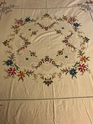 Vintage Antique Embroidered Floral Linen Tablecloth Round Circle Cross - Stitch
