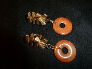Rare Vintage Orange Jade Earrings,  Charms,  14 Kt Mount,  Clip Or Pierced