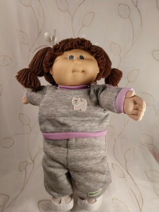 Vintage 1985 Cabbage Patch Doll - Brown Hair Girl W/ Pigtails And Grey Sweatsuit