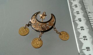 Antique Indian Brooch Pin Gold Tone Filigrea Crescent Moon & Stars Wedding Coin