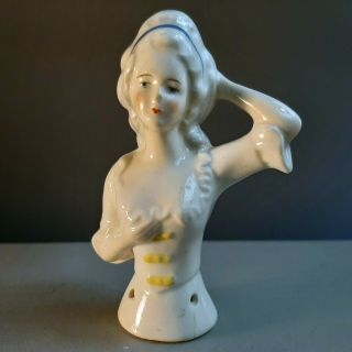Antique 3.  5 " Art Deco Hand Painted Porcelain Half Doll Bust Clothes Germany Lady