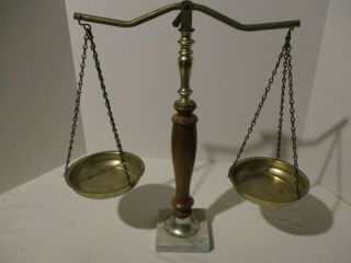 Vintage Antique Brass Scale Of Justice With Marble Base Wood Stand