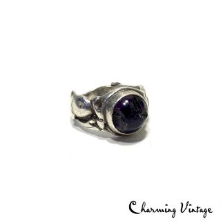 Antique Chinese Sterling Silver Fish Design Cabochon Amethyst Ring Size 5