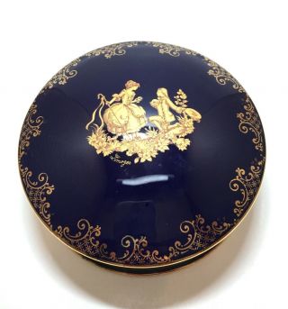 Very Rare Vintage Cobalt Blue Limoges Round Covered Box From Limoges France