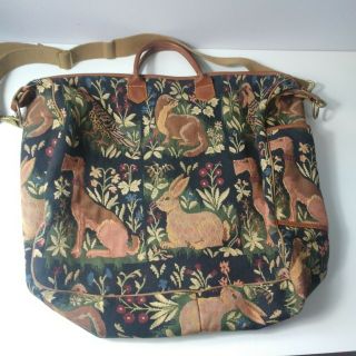 Vintage Tapestry Bag Dog Bird Rabbit Floral Carry on Shoulder Multi color RARE 3