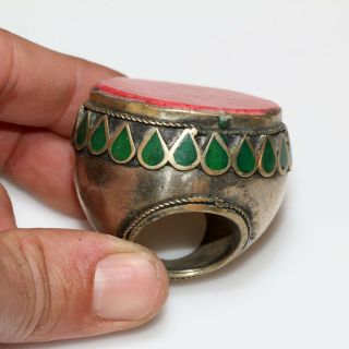 Massive - Silver Plated Near East Enamel Decorated Ring Circa 1200 - 1400 Ad