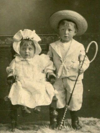Antique Cdv Photo Darling Children Girl W Bonnet Boy W Staff & Straw Hat 1800s