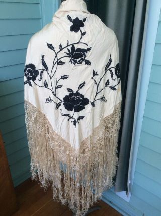 Antique Vintage Embroidered Black On Cream Silk Shawl Piano Shawl Chinese Deco