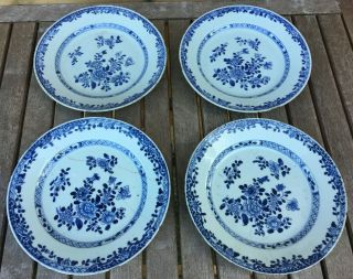 Set 4 Antique Chinese Porcelain Kangxi Period Qing Blue & White Plates 1662 - 1722