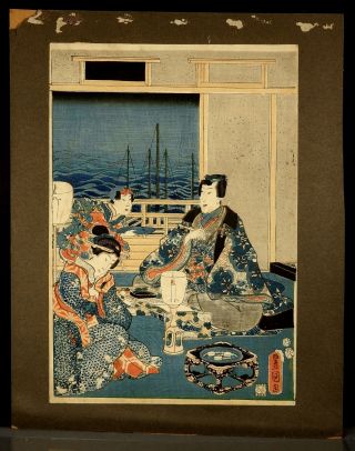 Antique Toyokuni Iii Kunisada I Japanese Color Woodblock Print Toshidama Seal