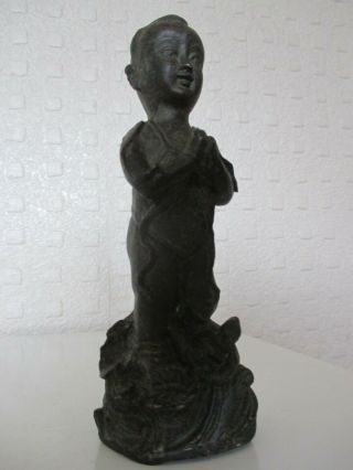 Chinese Oriental Dark Patina Bronze Figure Of A Praying Boy (14cm)