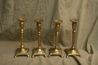 4 Antique Heavy Solid Brass 9 " Columnar Sq To Round Candlesticks 18th C Style