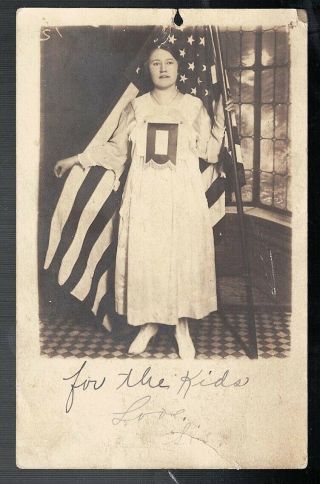 Antique 1910 Rppc Real Photo Girl Fraternal College Dress & American Flag Denver