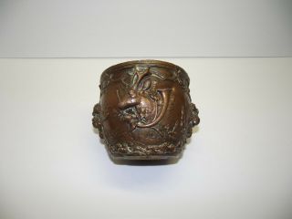 Old Unusual Hand Hammered Copper Or Brass 3 - Dimensional Hunting Scene Flower Pot