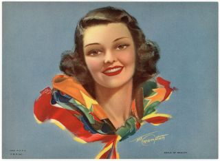 Vintage 1940s Glamorous Brunette Pin - Up Girl Smile Of Beauty Art Print Rare
