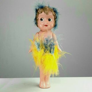 Antique 9 " Celluloid Kewpie Doll Occupied Japan Flapper Girl Vintage Feathers