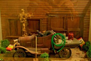 Vintage Barn Scene Diarama With Toy Metal Model T Ford Flatbed 10 Gal.  Fish Tank