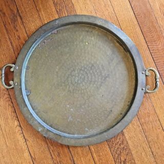 Large Antique Vintage Hammered Circular Brass Tray With Handles Rivets 15.  75 " D
