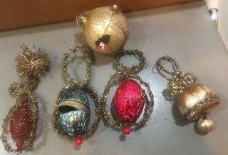 Antique 5 Victorian Christmas Ornaments 2 Candy Containers 3 Wire Wrap Glass
