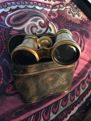 Antique Mother Of Pearl Lemaire French Opera Glasses In Leather Case