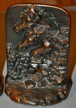 Rare Antique Judd Cast Iron Copper Horses Bridge Bookends 9655 3