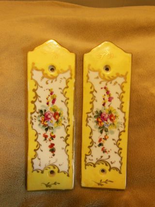 Vintage France Pr.  Of Hand Painted Floral Ceramic Door Finger Push Plates Signed