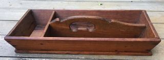 Antique Wooden Cutlery Utensil Knife Box Tray Caddy Finger Handle Tilting 16x2 "