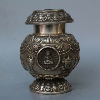 China Collectable Old Handwork Miao Silver Carve Weapon Buddha Lucky Spice Pot