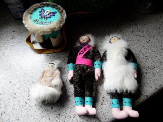 Vintage Authentic Handmade 3 Eskimo Dolls & Drum From Aleutian Islands Alaska