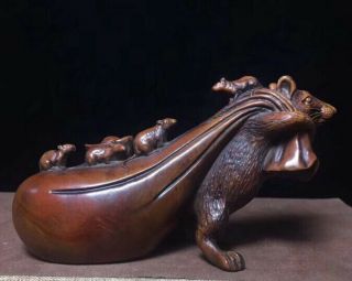 Collectable China Handwork Boxwood Carve Mice Hold Wealthy Bag Auspicious Statue